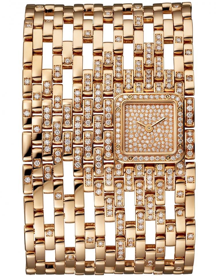 CARTIER （PANTHÈRE DE CARTIER手環腕錶-玫瑰金鑲嵌鑽石-超大型款） 美洲豹